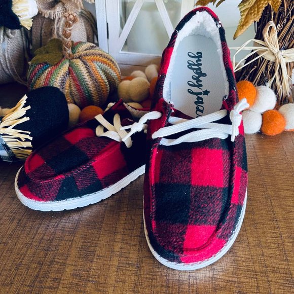 Gypsy Jazz Shoes - Gypsy Jazz Black & Red Plaid Slip in Sneakers